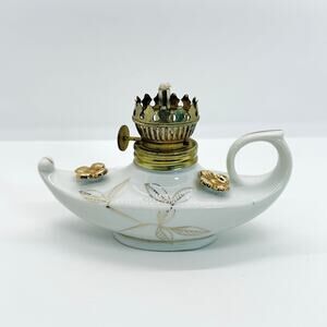 VTG Japan Porcelain Oil Lamp Gold Floral Mid Century Table Accent Aladdin Genie